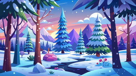 Watercolor Winter Christmas Forest Trees Stop Motion Snowfall Animation Loop. AI generated. Vector iconのイラスト素材