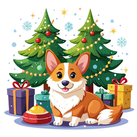 Cute Corgi Dog Lying Next to Christmas Tree with Gifts in a Cozy Holiday Setting. AI generated. Vector iconのイラスト素材