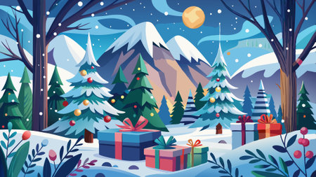 Winter wonderland with festive gifts and snow-covered greenery in a serene forest. AI generated. Vector iconのイラスト素材