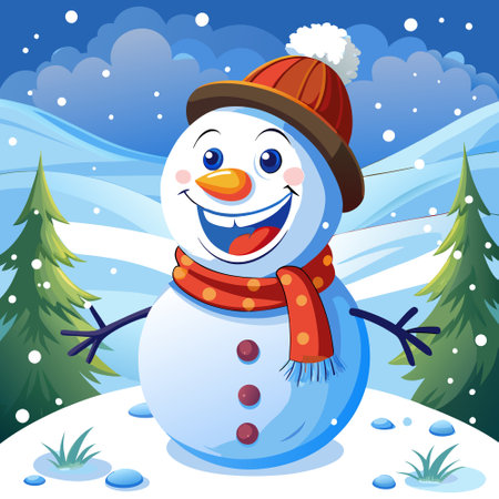 A happy snowman in the snow, with a bright carrot nose, coal eyes, and a big smile. AI generated. Vector iconのイラスト素材
