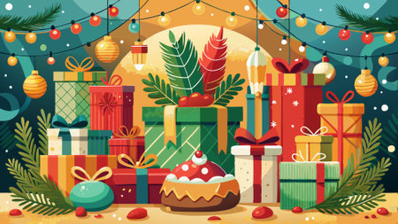 A festive arrangement of gifts and ornaments, creating a warm holiday atmosphere.. AI generated. Vector iconのイラスト素材