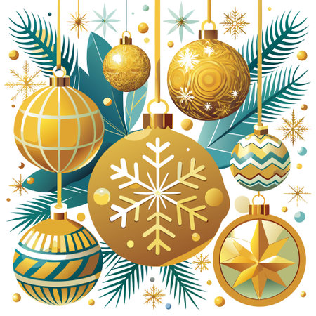 Golden ornaments and snowflakes decorate a festive backdrop during the holiday season. AI generated. Vector iconのイラスト素材