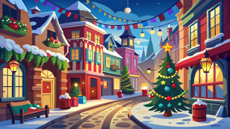 Christmas decorated street of a small European town. Camera moving along the street.. AI generated. Vector iconのイラスト素材