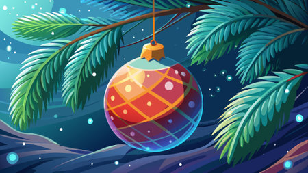 Close-Up of a Christmas Bauble Hanging on a Snowy Tree Branch with Soft Bokeh Lights. AI generated. Vector iconのイラスト素材