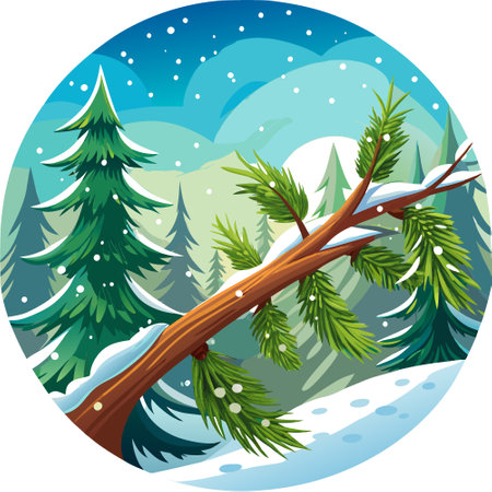 Christmas Winter Wonderland Forest Macro Pine Tree Branch Snowing Snowfall Background Loop. AI generated. Vector iconのイラスト素材