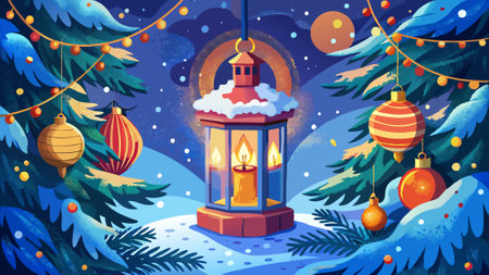A Snowy Christmas Lantern beautifully placed on a Festive Tree brings joy to the season. AI generated. Vector iconのイラスト素材