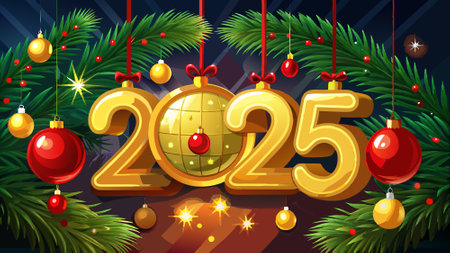 Golden 2025 sign hanging from a christmas tree surrounded by red baubles and warm lights. AI...