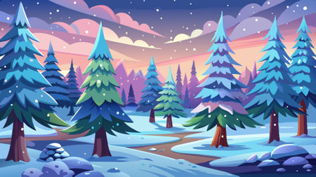 Animated loop featuring a watercolor winter forest with Christmas trees and snowfall by AI. AI generated. Vector iconのイラスト素材
