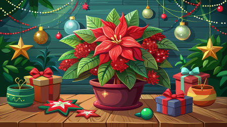 Beautifully arranged poinsettia plant on a wooden table with Christmas decorations. video. AI generated. Vector iconのイラスト素材