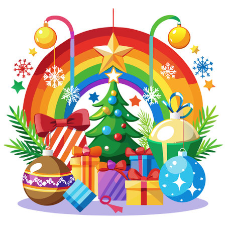 Weihnachtsschmuck vor einem festlichen und feierlichen Hintergrund in Regenbogenfarben. . AI generated. Vector iconのイラスト素材