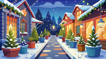 A snowy path with a row of potted plants and lights.Houses with festive winter decorations. AI generated. Vector iconのイラスト素材