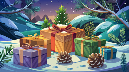Wrapped presents sit on a bed of snow with pine branches and a pinecone in the foreground. AI generated. Vector iconのイラスト素材