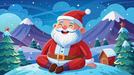 Santa Claus sits on a snowy hill with a cheerful smile, enjoying the falling snow. AI generated. Vector iconのイラスト素材