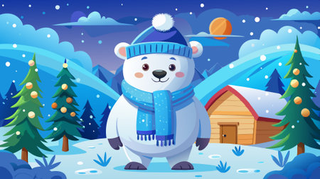A cute polar bear wearing a blue hat and scarf stands in the snow on a cold winter day. AI generated. Vector iconのイラスト素材