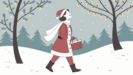 A beautiful woman dressed as Santa Claus is looking happy. in a winter christmas snowy background. AI generated. Vector iconのイラスト素材