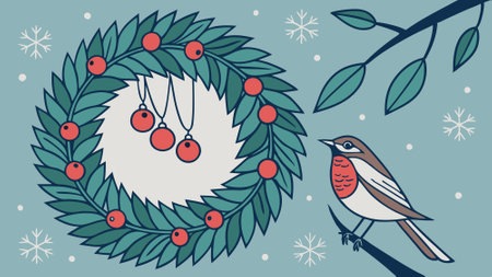 A christmas wreath with ornaments on a blue background with snow. . AI generated. Vector iconのイラスト素材