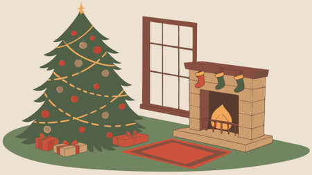 3D-Illustration. christmas scene with decorated tree and fireplace. . AI generated. Vector iconのイラスト素材
