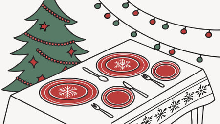 A christmas table setting with red plates and silverware created with technology. AI generated. Vector iconのイラスト素材