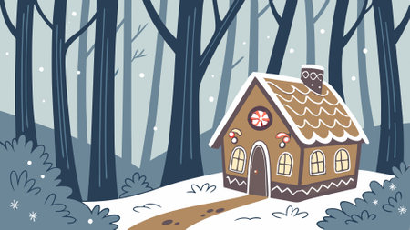 A christmas scene with a gingerbread house in fairy tale dark winter forest.. AI generated. Vector iconのイラスト素材