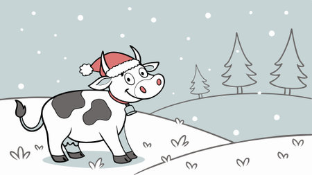 A painting of a cow wearing a santa hat in the snow. . AI generated. Vector iconのイラスト素材