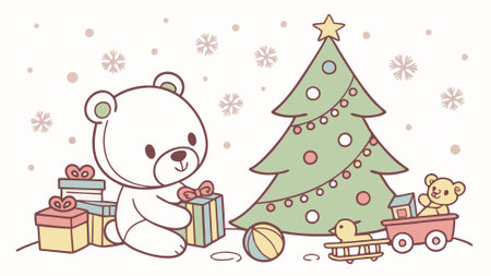 A Teddy Bear Christmas Winter Wonderland. Toys and Christmas Tree. AI generated. Vector iconのイラスト素材