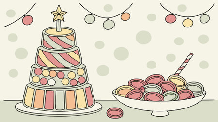 A colorful delicious candy tower with Christmas bokehe effect in background. . AI generated. Vector iconのイラスト素材