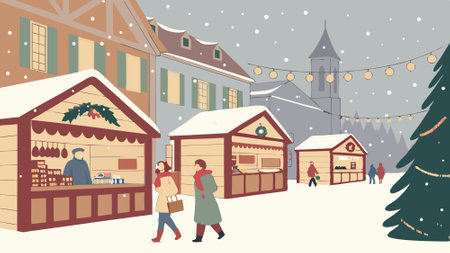 Beautiful christmas market in a snowy small town. generated with ai.. AI generated. Vector iconのイラスト素材