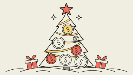 A festive christmas tree made from a pile of coins. Christmas cost and budget concept. AI generated. Vector iconのイラスト素材