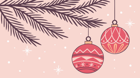 A pink christmas background with ornaments and fir branches on a pink background. . AI generated. Vector iconのイラスト素材