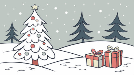 A snowy winter landscape with Christmas presents and trees.. AI generated. Vector iconのイラスト素材