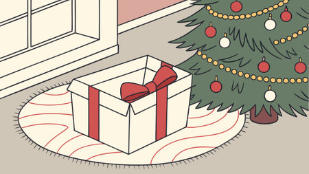A white box with a red bow sitting next to a christmas tree. AI generated. Vector iconのイラスト素材