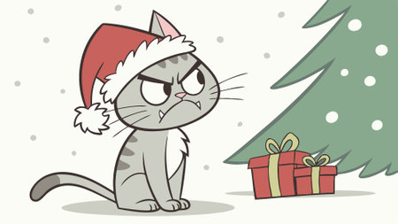 Angry Cat in Santa Claus Red Hat for Christmas and New Year. AI generated. Vector iconのイラスト素材