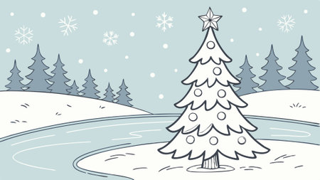 A white christmas tree in the middle of a frozen lake. . AI generated. Vector iconのイラスト素材