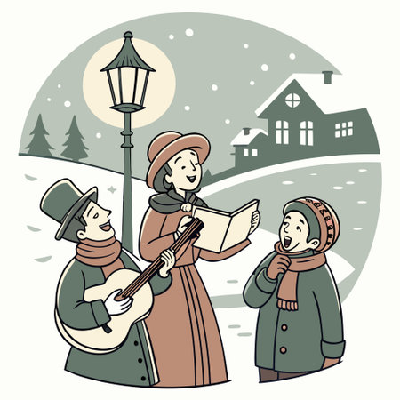 A vintage style painting of a group of Christmas carolers. AI generated. Vector iconのイラスト素材