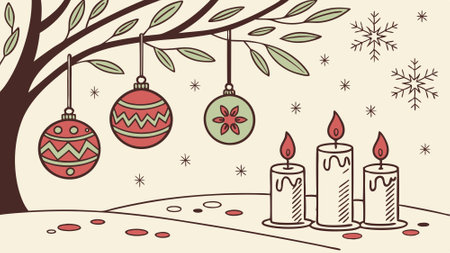 Background with christmas decoration ornaments and candles on table. AI generated. Vector iconのイラスト素材