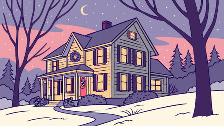 Beautiful Christmas Decorated House on A Winter Evening.. AI generated. Vector iconのイラスト素材