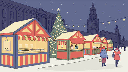 Beautiful christmas market at night with snow. generated with ai.. AI generated. Vector iconのイラスト素材