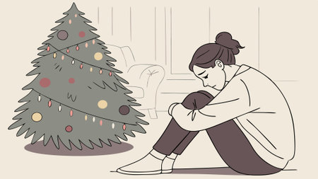 Beautiful sad young woman sitting on the floor in front of christmas tree. AI generated. Vector iconのイラスト素材