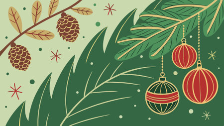 A green christmas background with gold and red ornaments and pine cones. . AI generated. Vector iconのイラスト素材