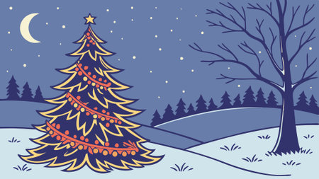Christmas background. with warm tree in the middle in a snowy night. AI generated. Vector iconのイラスト素材