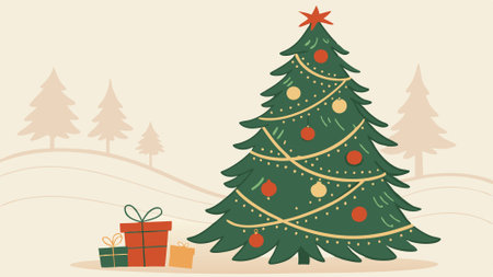 Christmas background. Decorated Christmas tree on blurred background. . AI generated. Vector iconのイラスト素材