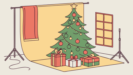 Christmas backdrop for photo studio. christmas tree presents and toys. AI generated. Vector iconのイラスト素材