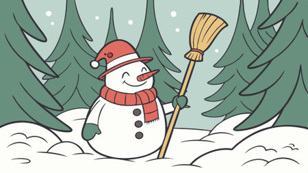 Christmas decoration with a cute cheerful snowman in the snow in the winter forest. AI generated. Vector iconのイラスト素材