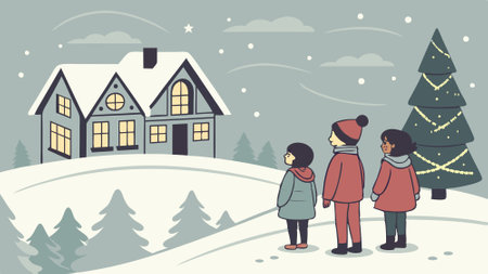 Children overlooking a festive Christmas village in winter. creation.. AI generated. Vector iconのイラスト素材
