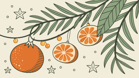 Christmas background with tangerines and fir tree branches. AI generated. Vector iconのイラスト素材