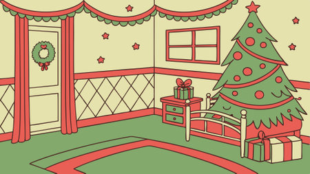 Christmas bedroom interior with redgreen colors with a christmas tree. AI generated. Vector iconのイラスト素材