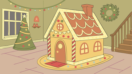 Christmas gingerbread house in a decorated room with highlights. . AI generated. Vector iconのイラスト素材