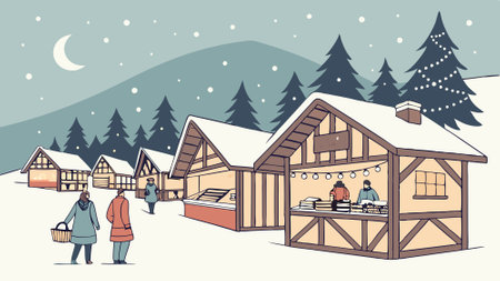 Christmas in the Ore mountains. Christmas market and shopping concept. Fairy lights and snow. . AI generated. Vector iconのイラスト素材