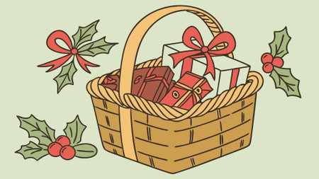 Christmas gift basket with holly and bows isolated on plain green studio background. AI generated. Vector iconのイラスト素材