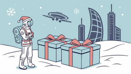 Christmas presents in the snow arranged by an astronaut. Merry xmas futuristic background. image. AI generated. Vector iconのイラスト素材